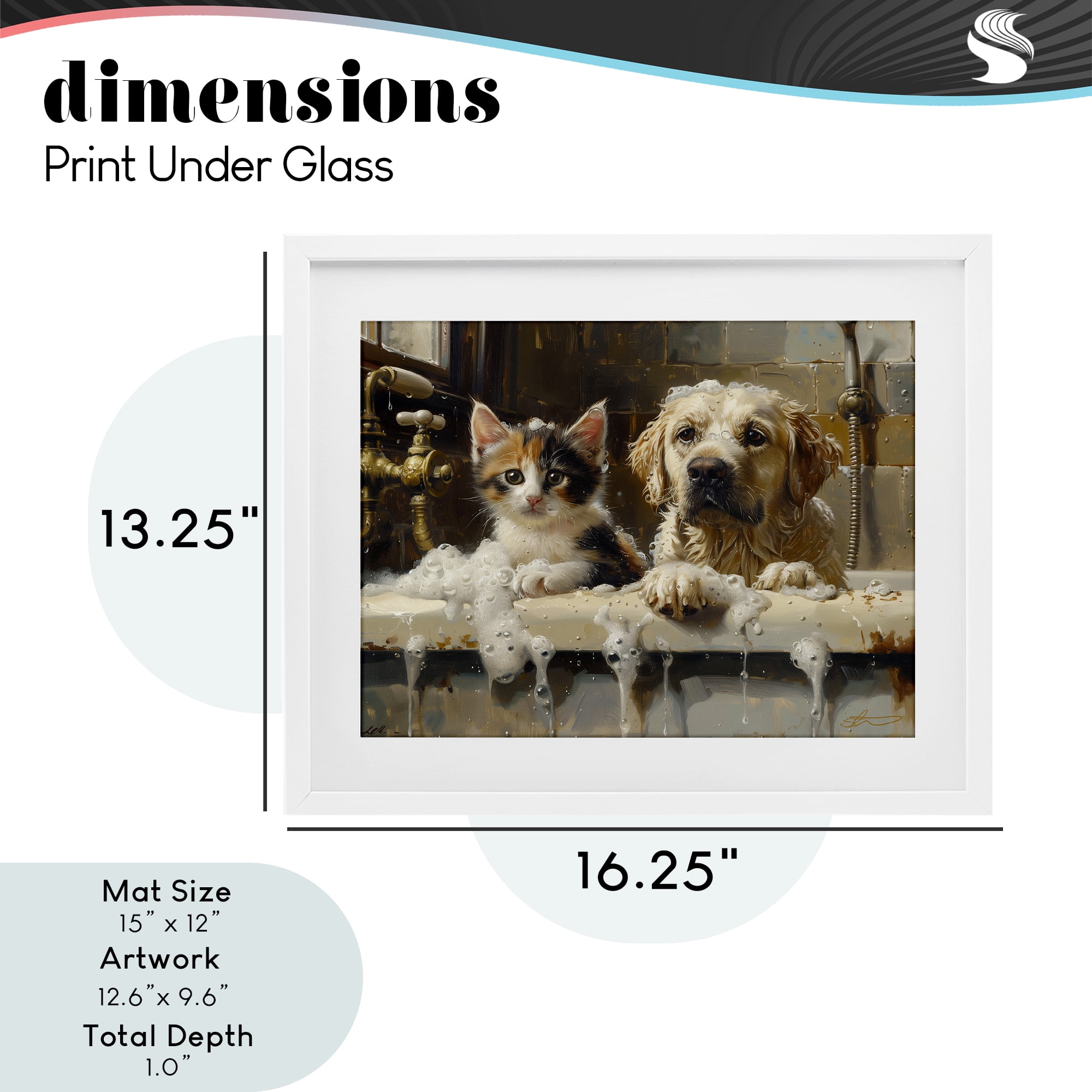 Bath Buddies Cat & Dog White Framed Print Under Glass, design by Shawna Stewart
