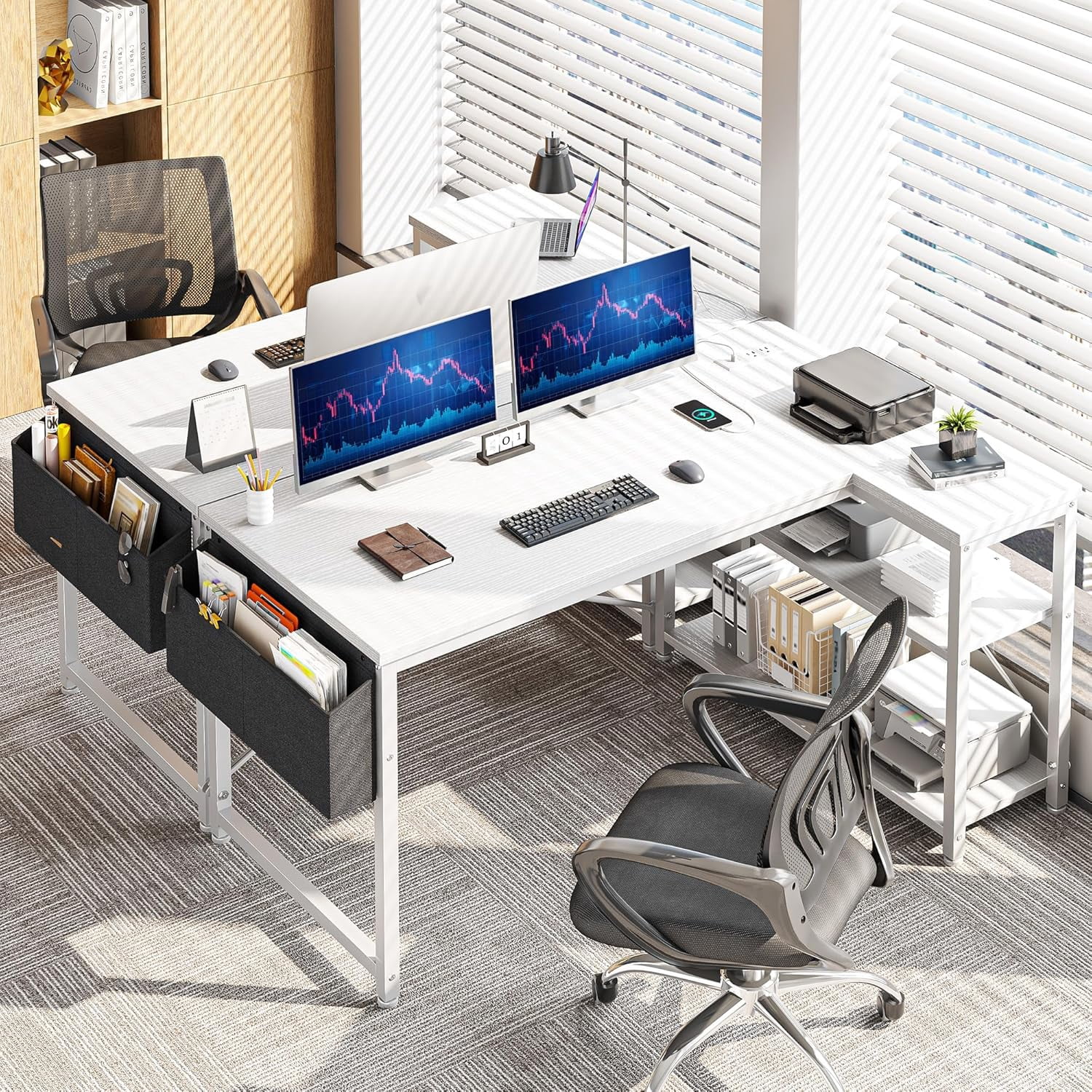 48 Inch L Shaped Computer Desk with Storage Shelves & Side Bag, Office Desk with Power Outlets, Small Corner Desk for Gaming Working Small Space Home Office Bedroom, Study Writing Table, White