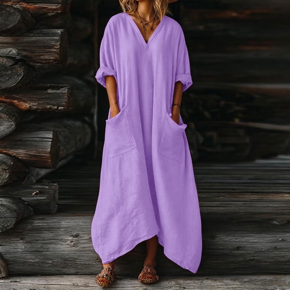 QUNYINEY Spring Dresses for Women Long Solid 3/4 Sleeve Cotton Linen A Line Dress Flowy Loose Fit Casual V Neck with Pockets Dresses