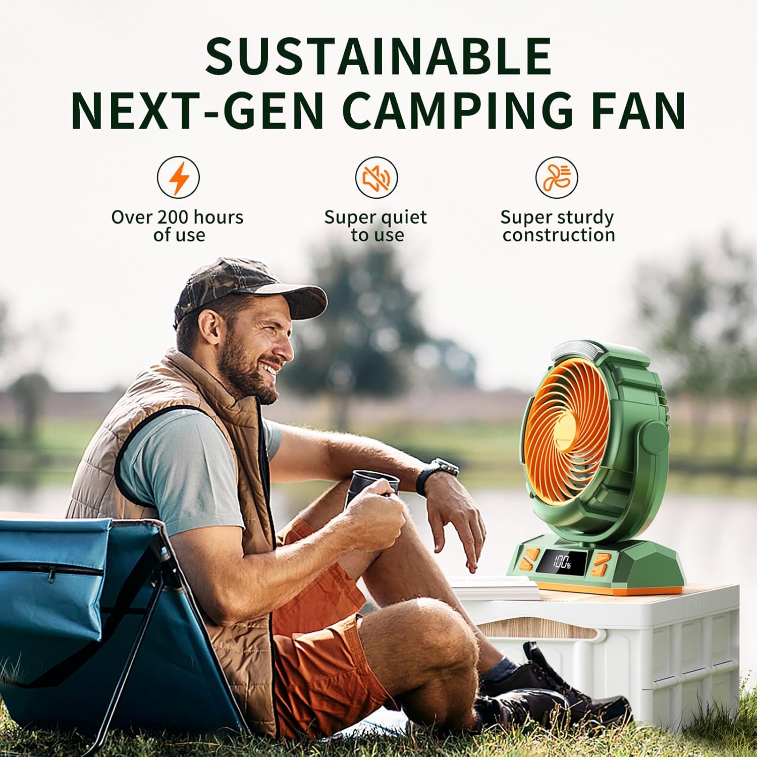 Camping LED Fan with Light, 40000mAh Rechargeable Battery Powered Outdoor Tent Fan with Light and Hook, 4 Speed, Personal USB Desk Fan for Camping, Fishing, Power Outage,Hurricane, Worksite