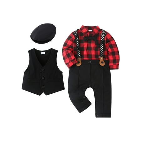 CARETOO Baby Boy Suit Outfits 3pcs Infant Tuxedo Long Sleeve Gentleman Jumpsuit Vest Coat Beret Hat