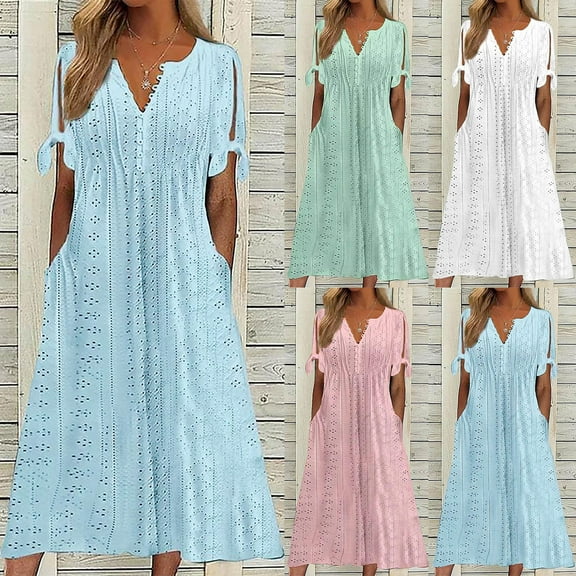 Feancey Boho Dresses for Women 2025 Summer Short Sleeve Hollow Out Eyelet Dress Button V Neck Casual Maxi Dresses Flowy Beach Vacation Dress with Pockets Blue L