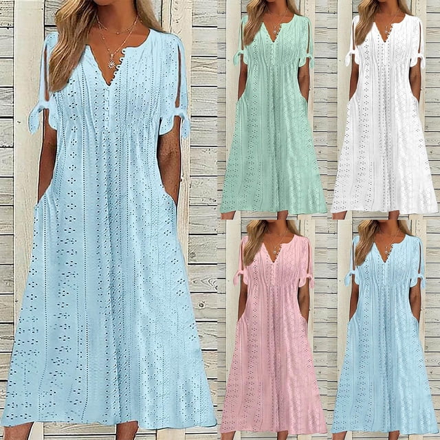Gspmoly Robe d'Été, Mode Femmes Été Décontractée Col en V Manches Courtes Bouton Longue Robe Robes de Mariage pour Femmes Offres Prime