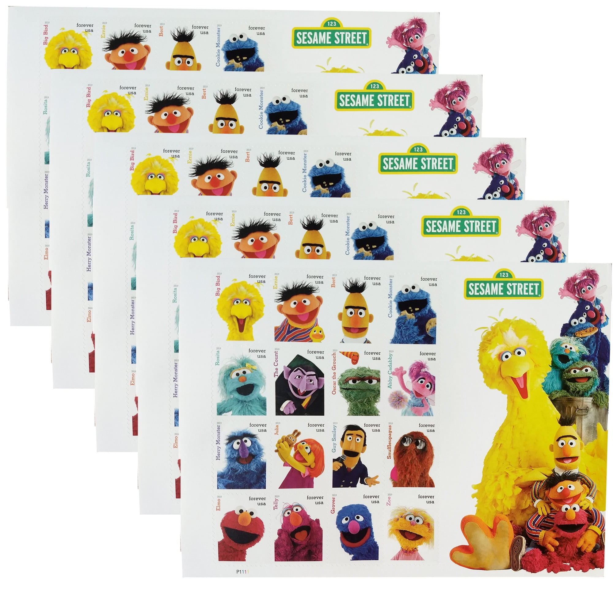 Sesame Street 5 Sheets of 16 USPS First Class Forever Postage Stamps