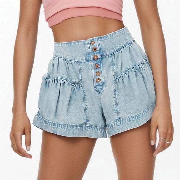 Trendfront Womens Ruffle Hem Denim Style Shorts Elastic Waist with Pockets Casual Summer Outfits Everyday Bottoms