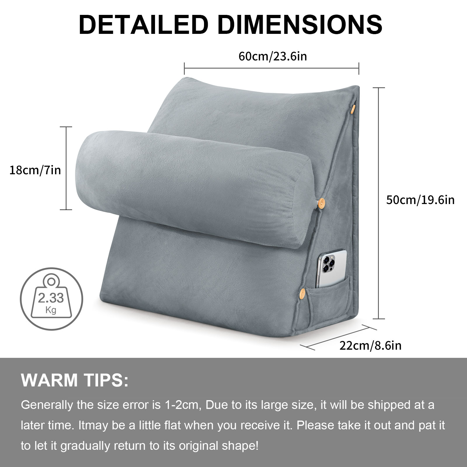 Eurhowing Adjustable Bed Wedge Pillow, Memory Foam Triangular Headboard Pillow with Neck Roll Pillow, Back Support Rest Pillow for Reading & Sleeping, Light Gray