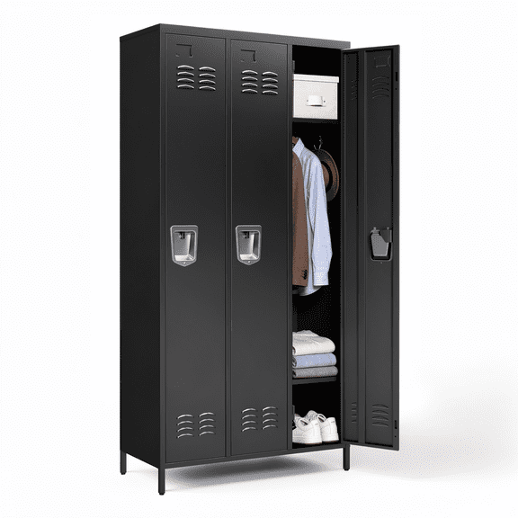 IKIMI 3-Door Metal Storage Locker with Key Lock and Hooks, 72" Heavy Duty Steel Secure Storage Cabinet for Office, Gym, Home Garage, Black