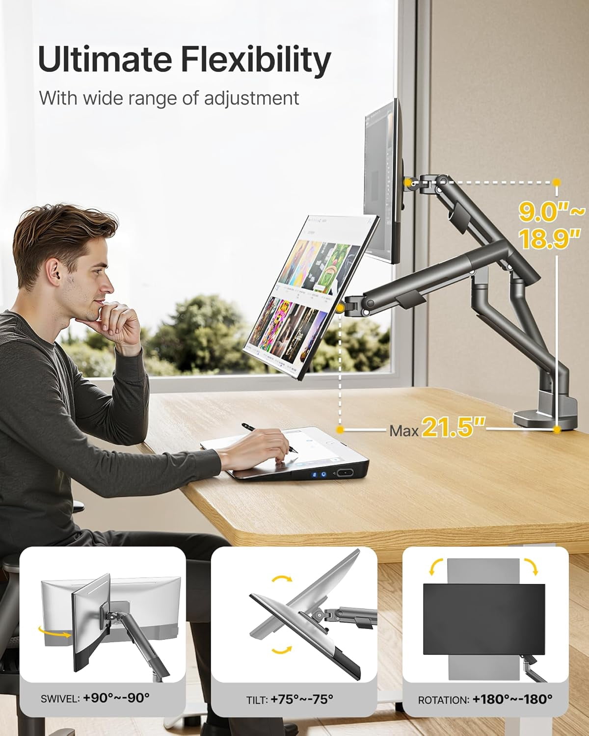 monTEK Dual Monitor Mount for 2 Screens up to 35 inches - Full Motion Adjustable Arm with Heavy Duty C-Clamp/Grommet Base, 24.25lbs per Arm, VESA Compatible, Gray