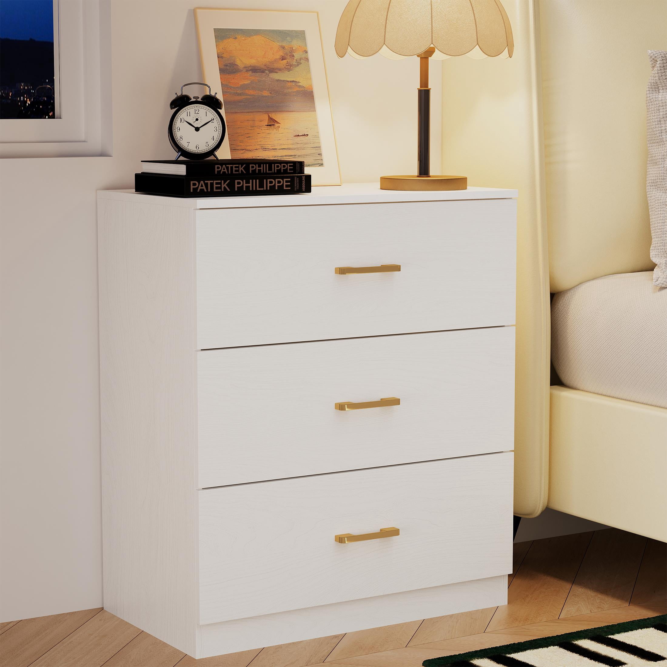 UHOMEPRO Nightstand, Modern 3 Drawer Nightstand, White Nightstand with Gold Handle, Wooden Bedside Storage Cabinet Unit for Bedroom/Small Space