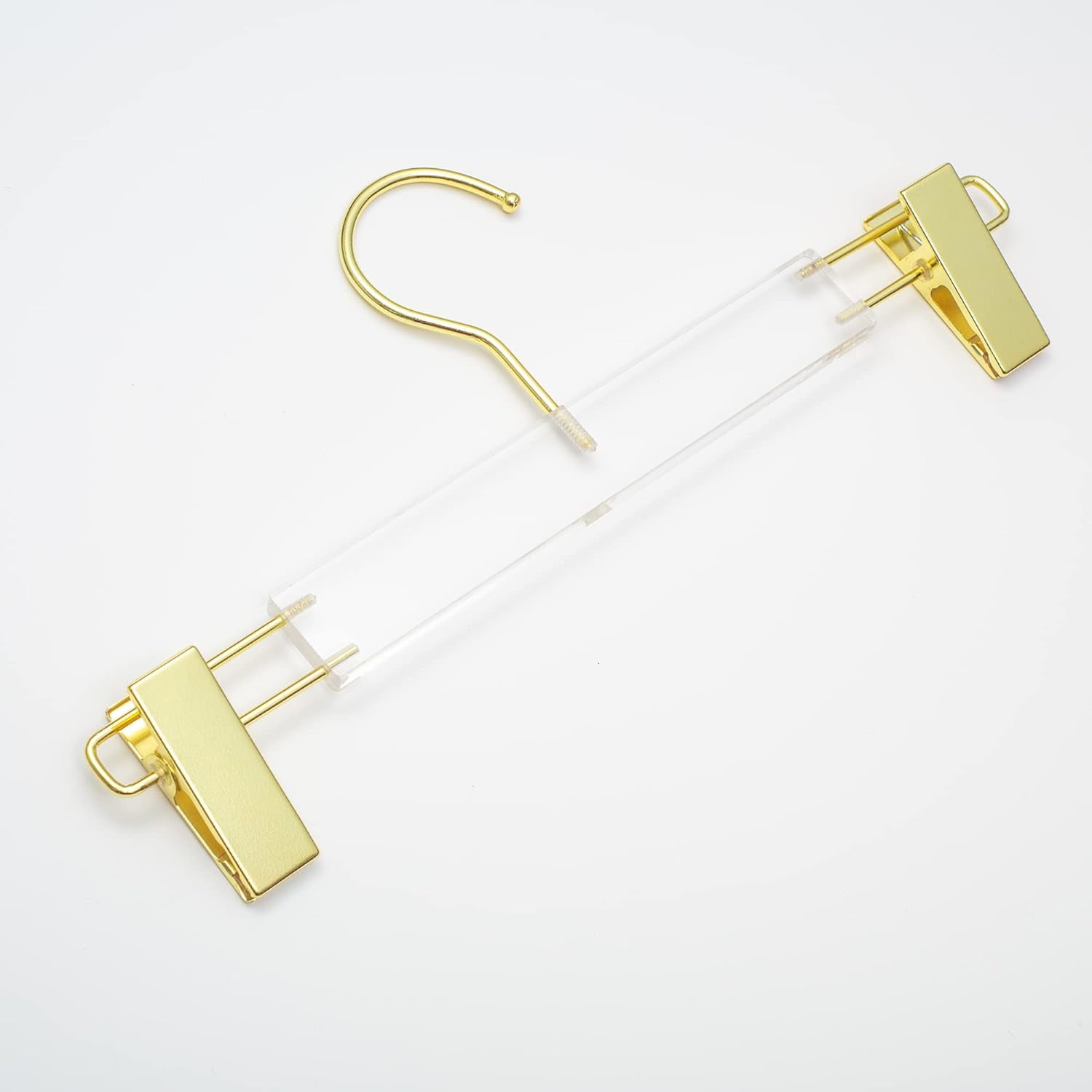 HomeCube USA Clear Acrylic Clothes Hanger with Gold Hooks & Clips – Heavy Duty Organizer for Skirts, Pants & More – Elegant Lucite Design for Closet, Home, Boutique & Retail Display