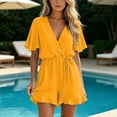 thumbnail image 2 of Daiosportswear Women's Black Surplice V Neck Flutter Short Sleeve Self Tie Waist Ruffle Hem Casual Romper Yellow XL(XL), 2 of 7