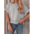 thumbnail image 4 of Women's Knit Crochet Short Sleeve Round Neck Ruffled Hem Pullover Fall Sweater for Casual Summer Gray M, 4 of 8