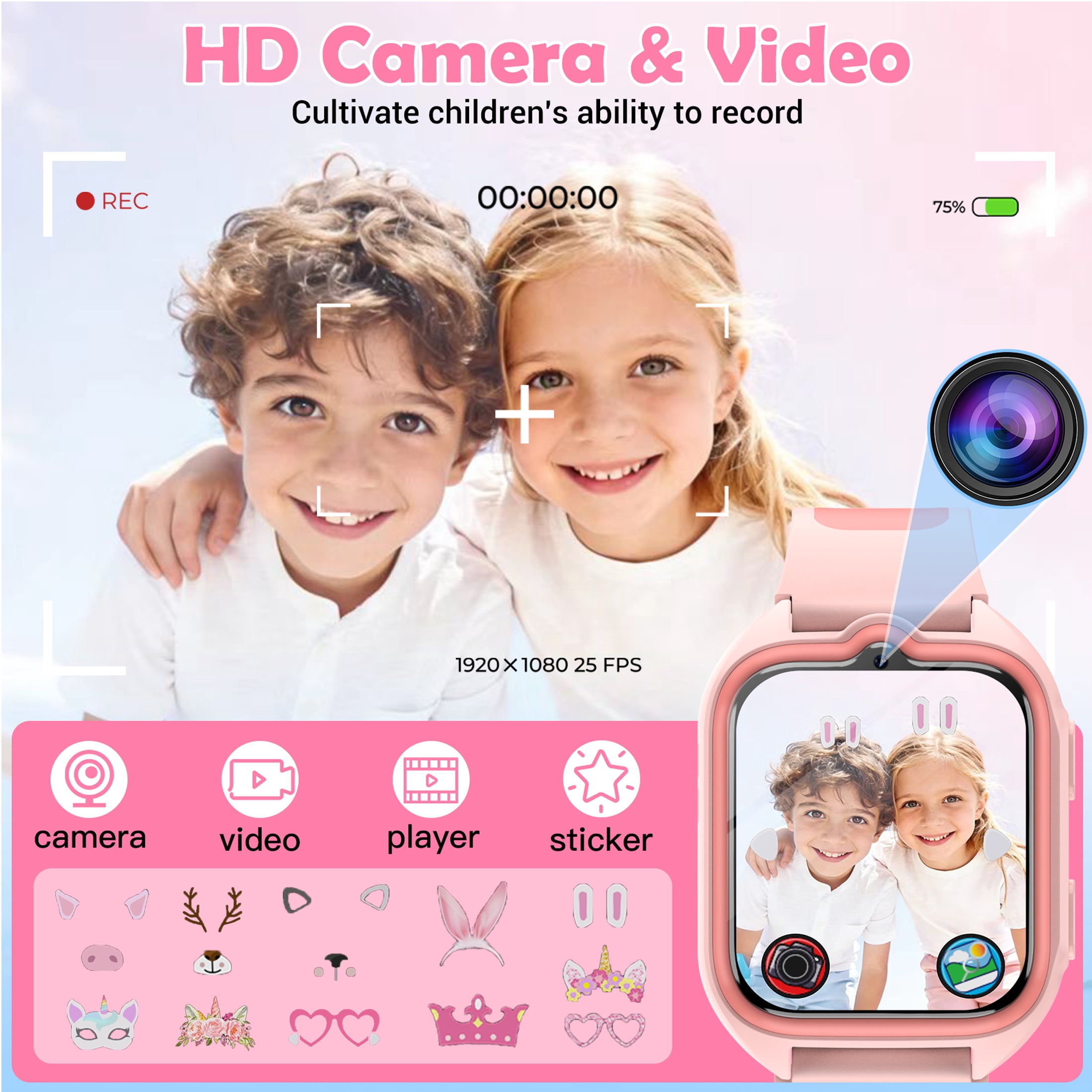IOWODO Kids Smart Watch for Boys Girls, 32 Games, HD Camera, Music Player, Audiobooks, Flashcards, Habit Tracker, 1.75" Touch Screen, No App Needed, Pink