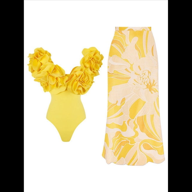 Traje de Baño de una Pieza para Mujer, Falda Cruzada, Pareo, Bikini con Estampado Floral Retro. Traje Amarillo L