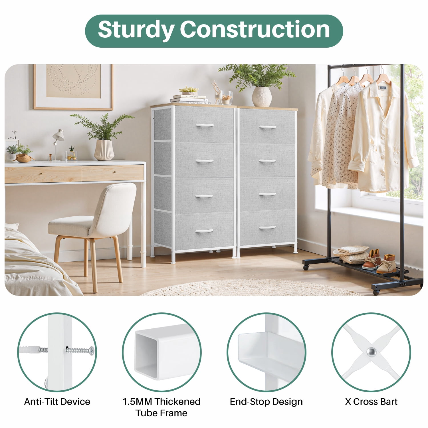 Beddle Dresser with 4 Fabric Drawers for Bedroom, Wide Storage Chest with Drawer Organizer for Closet or Living Room, Light Gray
