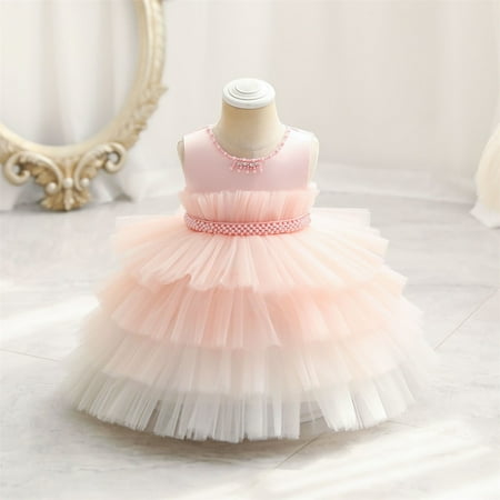 

9M-4T Little Girls Lace Sleeveless Tulle Flower Princess Party Dresses Back Bow Pink 9 Months-1 Years