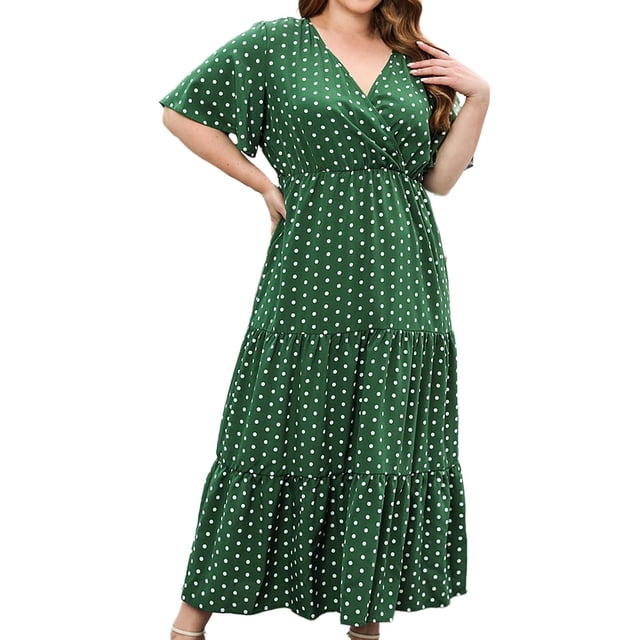 Pisexur Robes pour Femmes 2024 Robe d'Invitée de Mariage à Pois Col en V Manches Courtes Robe Maxi Tunique à Volants Robes de Retour à la Maison Décontractées Fluides Robe de Cocktail Robes Grande Taille pour Femmes aux Formes TG-4TG