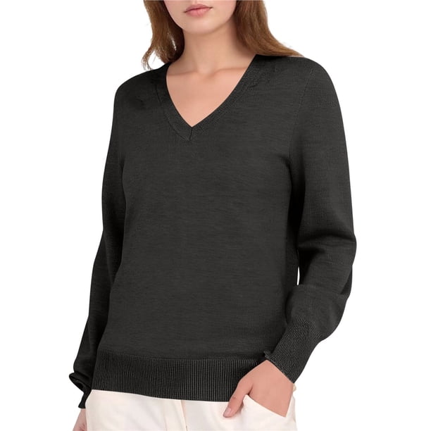 Suéter de Larga con Cuello en V para Mujer, Estilo Casual Clásico de Otoño, Suave y Holgado, Básico, Tipo Jersey Flor Negra Gris M