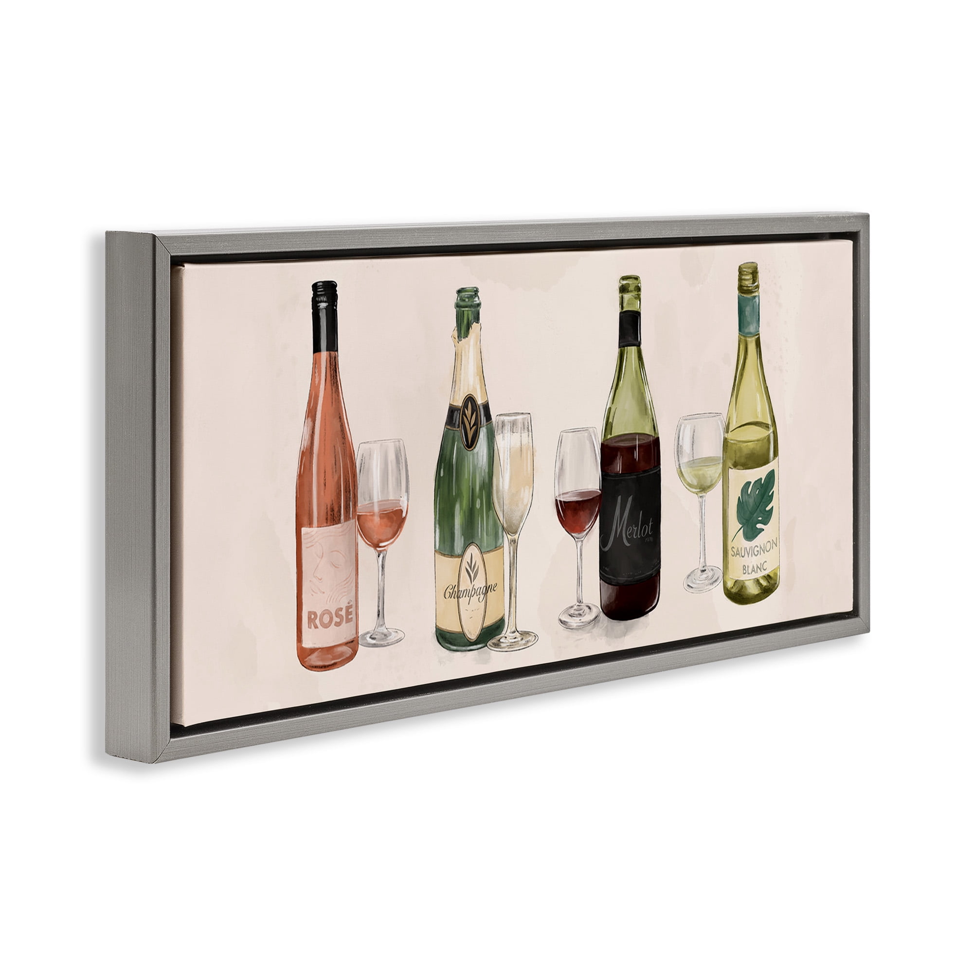 Stupell Industries Various Wine & Champagne Bottles Food & Beverage Painting Gray Floater Framed Canvas Art Print Wall Art, 31 x 14