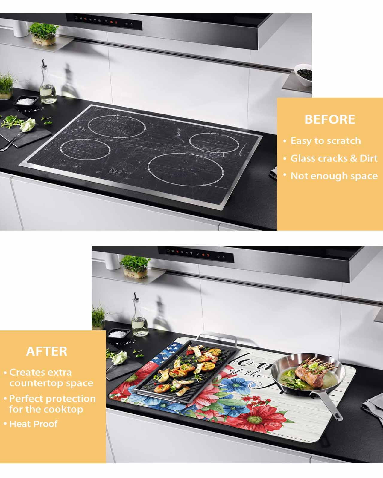 nqOlkjepod Large Induction Cooktop Protector Mat 24"x21", 4th of July Stove Top Covers for Electric Stove, Independence Day Blue Red Floral Retro Stove Burner Cover Mats, Glass Top Stove Cover