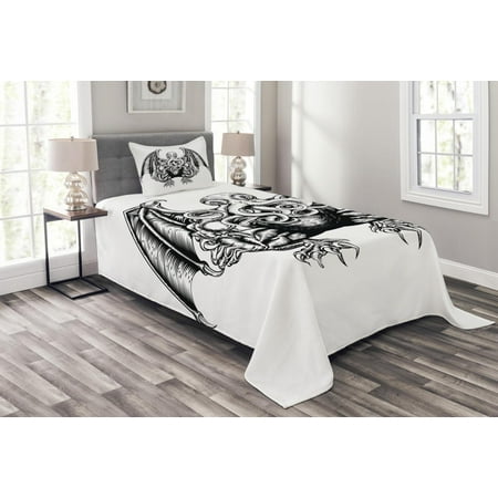 Monster High Bedspread Kraken Bedspread Set, Cthulhu Monster Evil Fictional Cosmic Monster in Woodblock Style Illustration Print, Decorative Quilted Coverlet Set with Pillow Shams Included, Black White, by Ambesonne ()