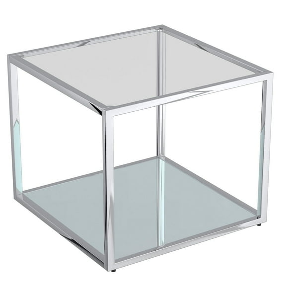 Table d'Appoint Grande Carrée Contemporaine en Métal et Verre - Argent