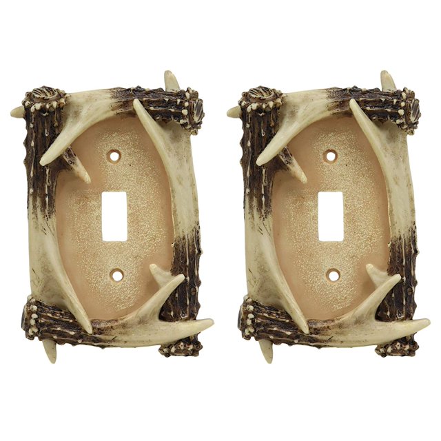 Ebros Ensemble de 2 Plaques de Couverture Électriques Murales Fantaisie Bois Rustique de Forêt Cerf Cerf Bois de Cerf Accent Bois de Cerf Sculpté Peint à la Main Résine Accessoire de Déco Maison (2, Interrupteur à Bascule Simple)