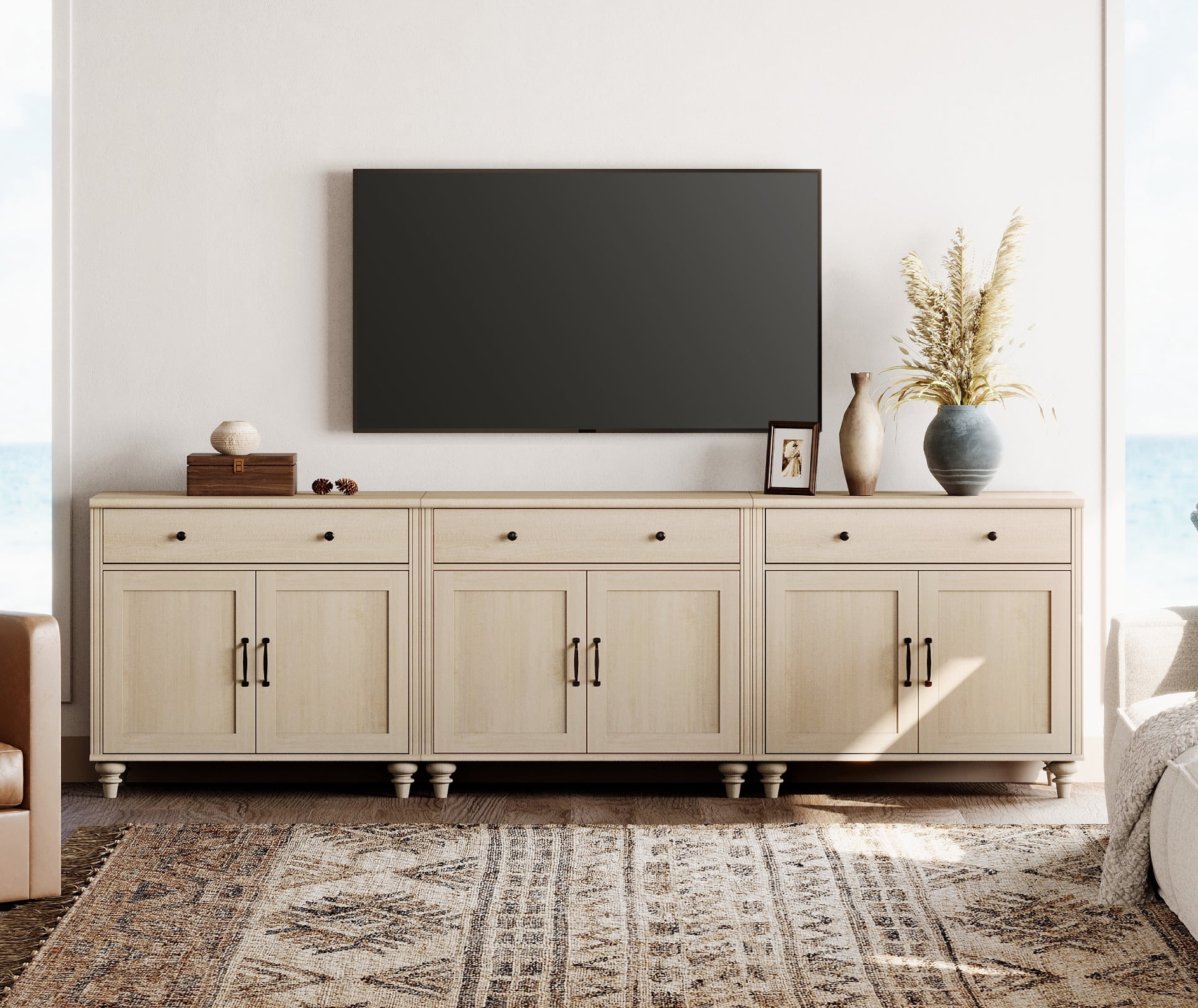 Beige Farmhouse TV Stand for 85 inch TV with Drawers & Doors