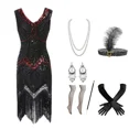 thumbnail image 3 of Nuevo vestido estilo flapper de los años 20, vestido de noche de fiesta del Gran Gatsby con lentejuelas y flecos, vestido con accesorios de los años 20, conjunto de 6 piezas, talla grande, 3 of 5