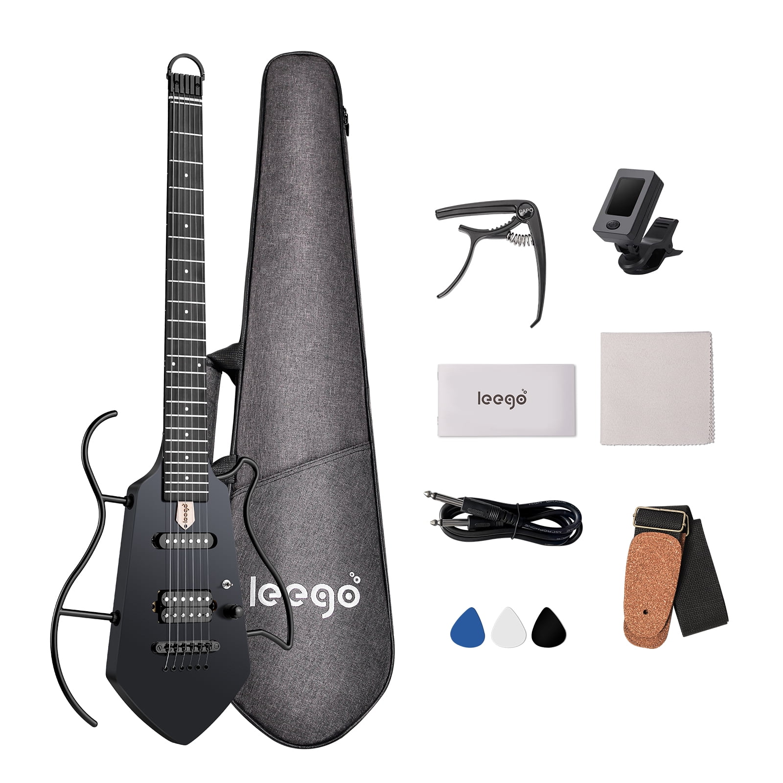 Compact Electric Guitar, Small Lightweight Headless Guitar for Travel and Practice, Portable Solid Body Easy Assemble Stands wtih Gig Bag, Black