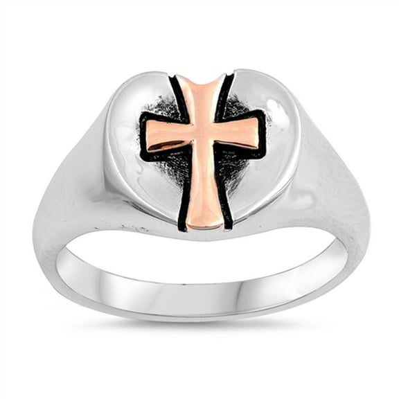 CHOOSE YOUR COLOR Rose Gold-Tone Cross Christ Center Heart Ring Sterling Silver Band 925 Female Size 8