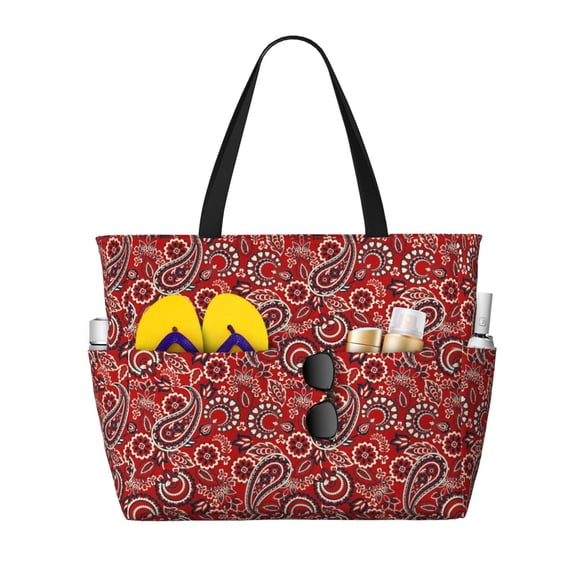 Kuqiui Vintage Red Paisley Print Beach Pool Bags Tote for Women Ladies Large Gym Tote Carry On Bag for Weekender Travel Waterproof