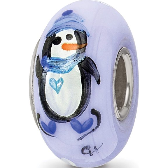 Sterling Silver Blue Hand Painted Penguins Fenton Glass Bead Made In United States qrs3612