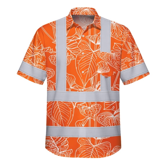 Hi Vis Hawaiian Shirt Reflective Tapes Orange Neon Flowers Custom Name Safety Workwear For Workers, Truckers, Operators