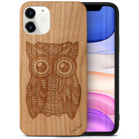 Case Yard Wooden Case Outside Soft TPU Silicone, Slim Fit Shockproof Wood Protective Phone Cover for Girls Boys Men and Women, Supports Wireless Charging Great Owl Design case for iPhone-12-Mini