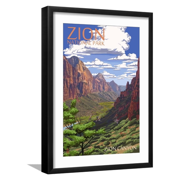 Art.com Zion National Park - Zion Canyon View Art Print by Lantern Press, Black Frame Wall Art, 17" x 23"