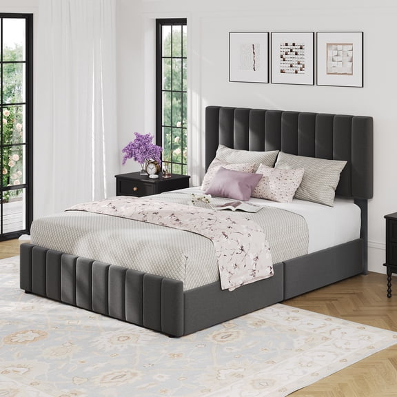 Queen Bed Frame with Adjustable Upholstered Velvet Headboard and 4 Storage Drawers, No Box Spring Require