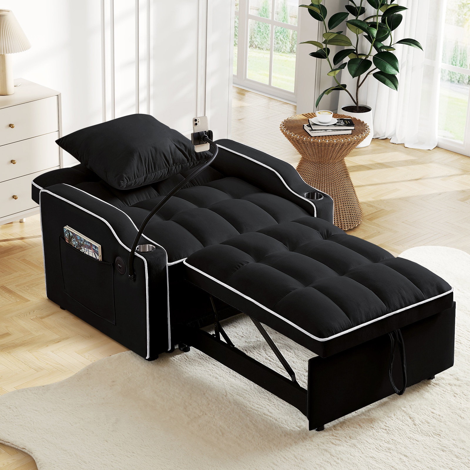 Lunale 4-in-1 Convertible Sleeper Chair, Black Velvet photo 7