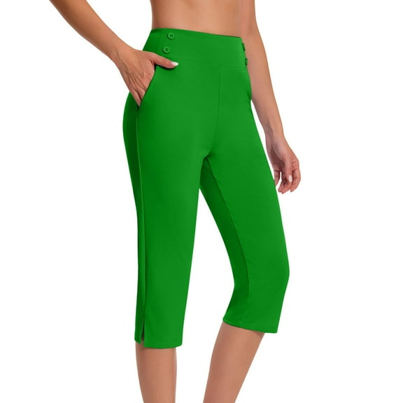 nerohusy Womens Leggings with Pocket Capri Yoga Capris Summer Stretchy High Waisted Dress Capri Pants Casual Side Slit Yoga Dress Slacks Green,L