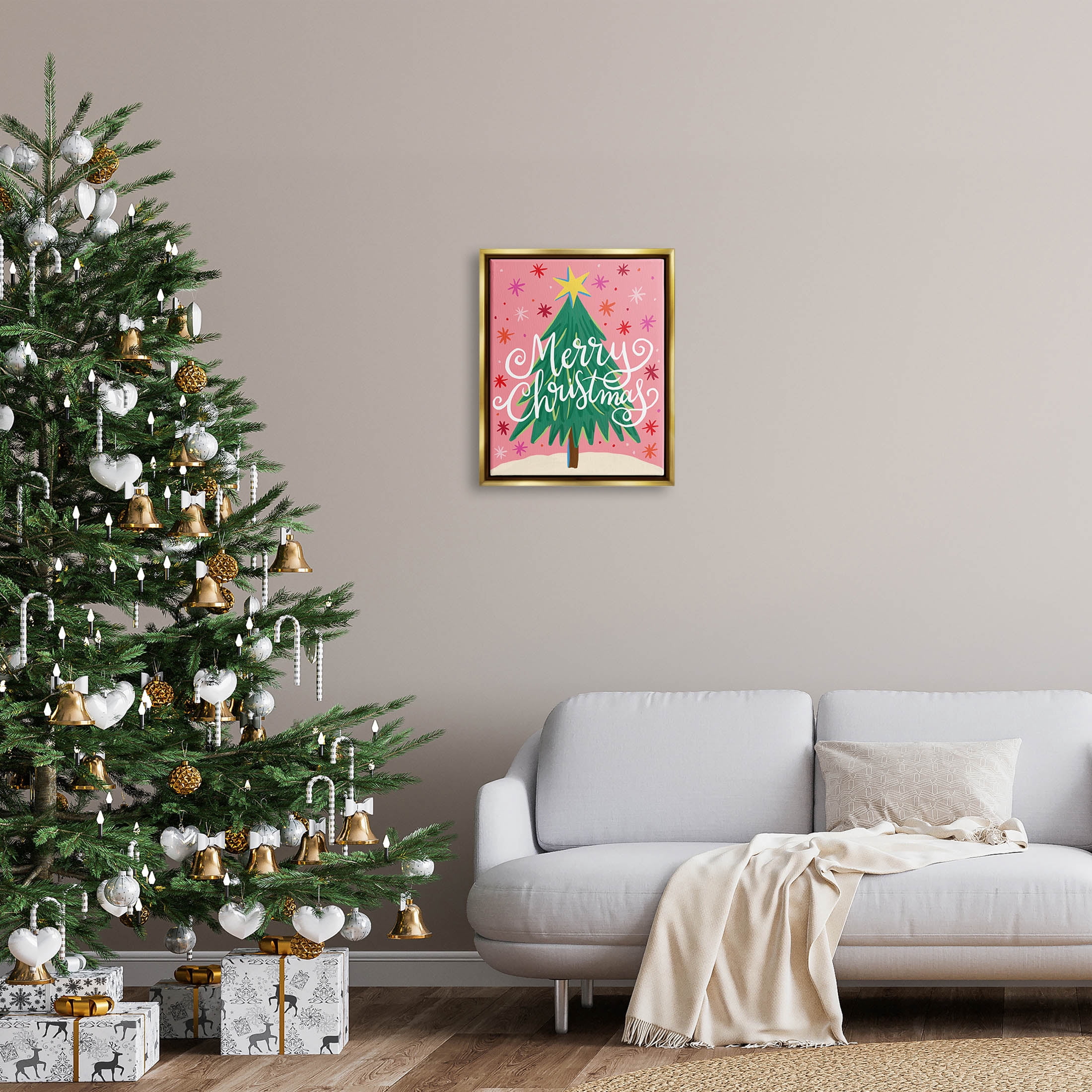 Merry Christmas Pink Starry Pattern Holiday Graphic Art Metallic Gold Framed Art Print Wall Art