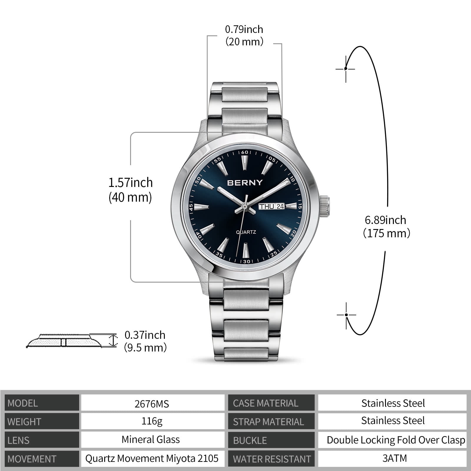 BERNY Quartz Watch for Men, Fashion Sports Wrist Watches with Solid Stainlesss Steel Case & Band, Date & Day Calendar, Casual Waterproof Men's Watches, Blue