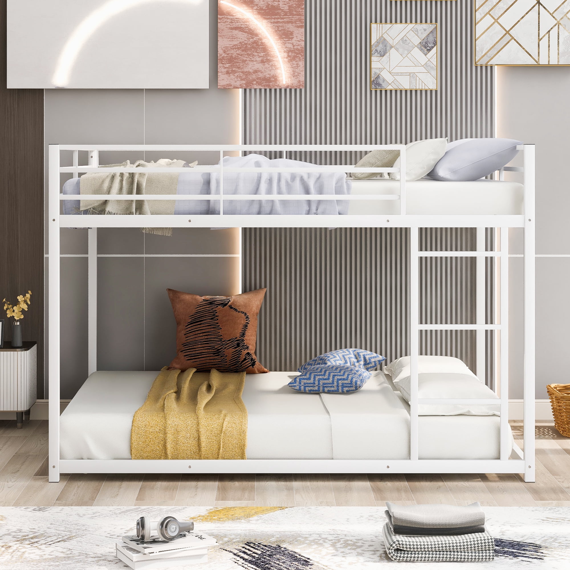 Leumius Full Over Full Low Bunk Bed for Kids Teens Adults,Metal Low Bunk Bed with Ladder and Safety Guardrails,Weight Capacity 350lb,White
