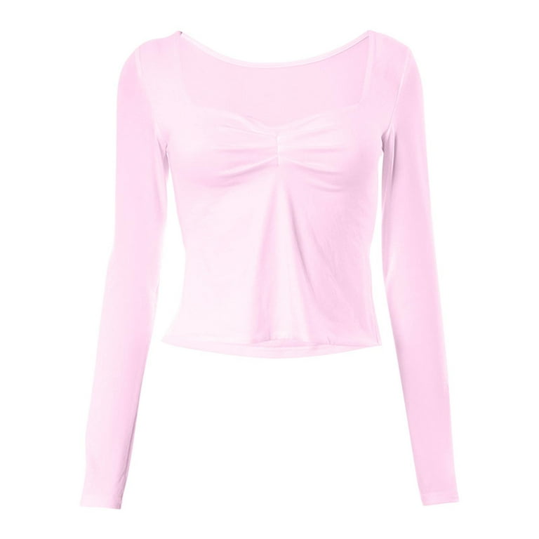 XFLWAM Womens Long Sleeve Y2K Tops Ruched Front Square Neck Skinny Shirts  Solid Color Side Split Crop Top Pink S 