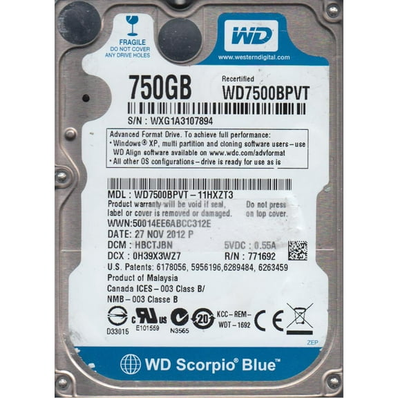 WD7500BPVT-11HXZT3, DCM HBCTJBN, Western Digital 750GB SATA 2.5 Hard Drive