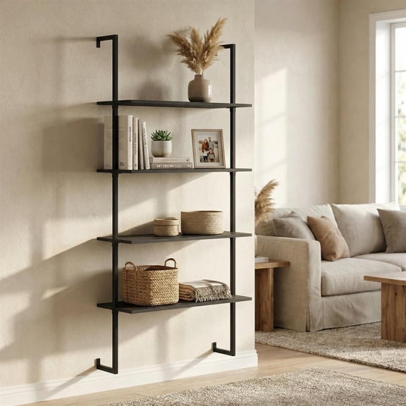 Topcobee 4-Tier Ladder Shelf Open Wall Mounted Bookcase with Wooden Boards and Metal Frame, Modern Furniture for Home Office-Black