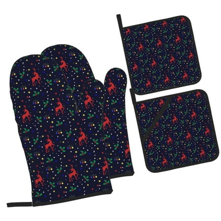 

Zeuib Christmas Deer Oven Mitts and Potholders BBQ Gloves Kitchen Oven Glove High Heat Resistant 500 Degree Extra Long Oven Mitts and Potholder with Non-Slip Silicone Surface for Cooking