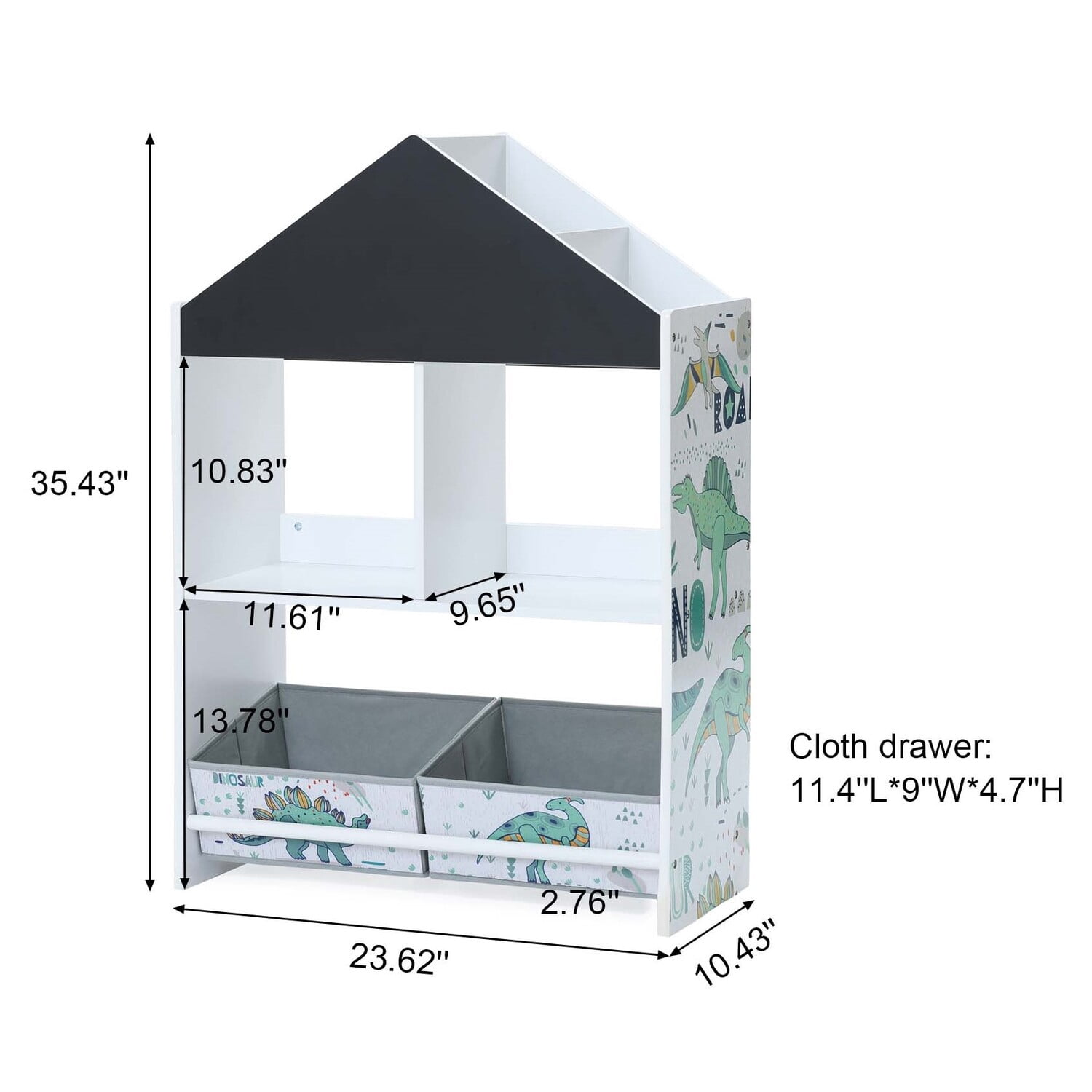 LuxenHome Children's Multi-Functional Dinosaur House Bookcase Toy Storage Bin Floor Cabinet with Blackboard