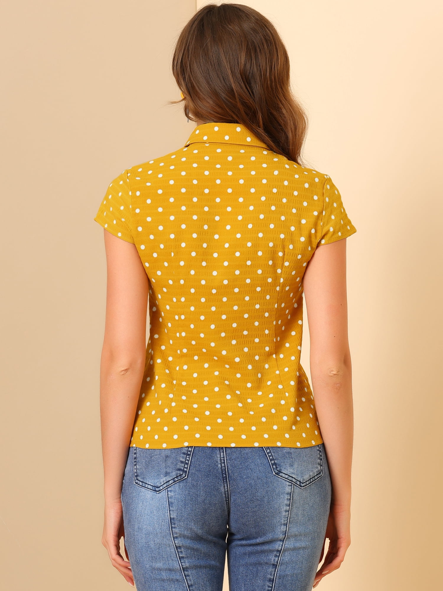 DARING DIVA Women's Retro Point Collar Short Sleeve Polka Dots Shirts 3XL Yellow