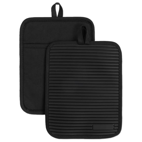 Arsvita Ribbed Silicone Pot Holder, 2 Pack Heat Resistant Non Slip Waterproof Hot Pad, Cotton Lining Insulated Kitchen Potholder for Cooking Baking, Black