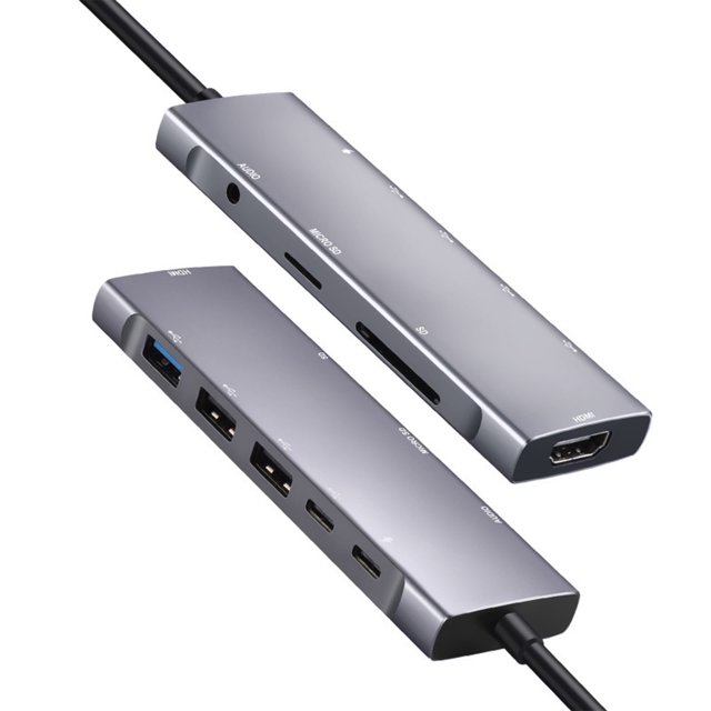 Estación de acoplamiento PAVEOS 9 en 1 USB C, 1 HDMI 4K, 1 puerto USB 3.0, 2 puertos USB 2.0, 100 W PD, 1 puerto de datos tipo C, puerto auxiliar de 3,5 mm y lector de tarjetas.